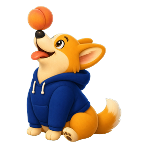 Cobb the corgi balancing a peach on his nose
